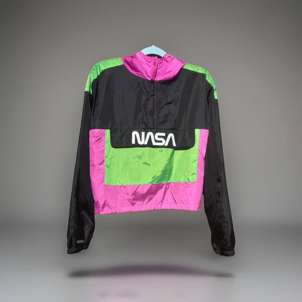 Hyper‎ Space NASA Neon Cropped Pullover Windbreaker Sz XL Jacket Hoodie Colorful